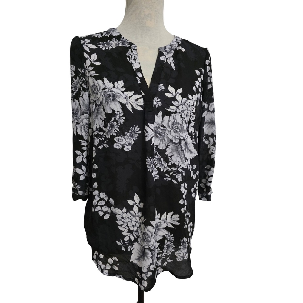 Cynthia Rowley Womens XS Black White Floral 3/4‎ Sleeve Split Neck Tunic Blouse